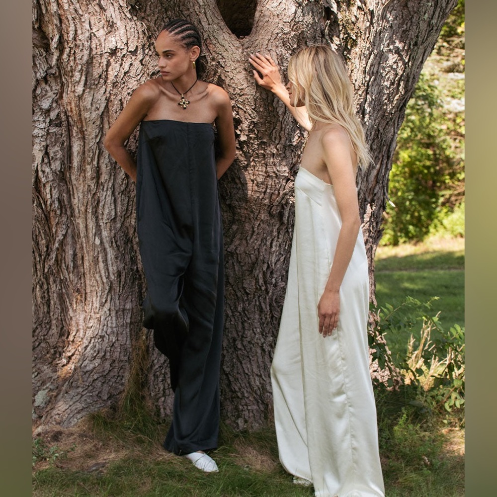 NWT WEWOREWHAT Strapless Wide Leg Jumpsuit, Ecru